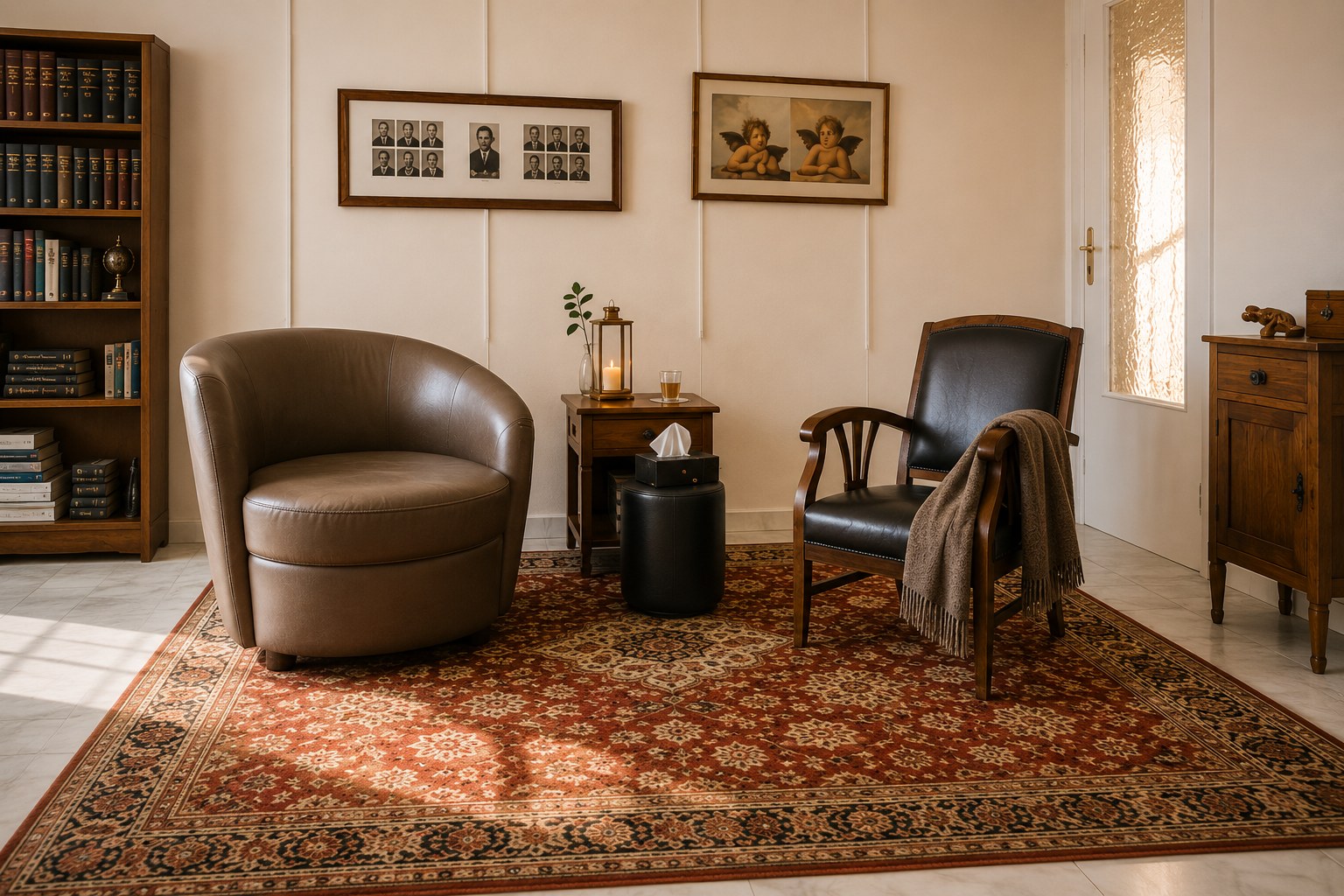 Deux fauteuils dans le cabinet de psychanalyse à Cannes